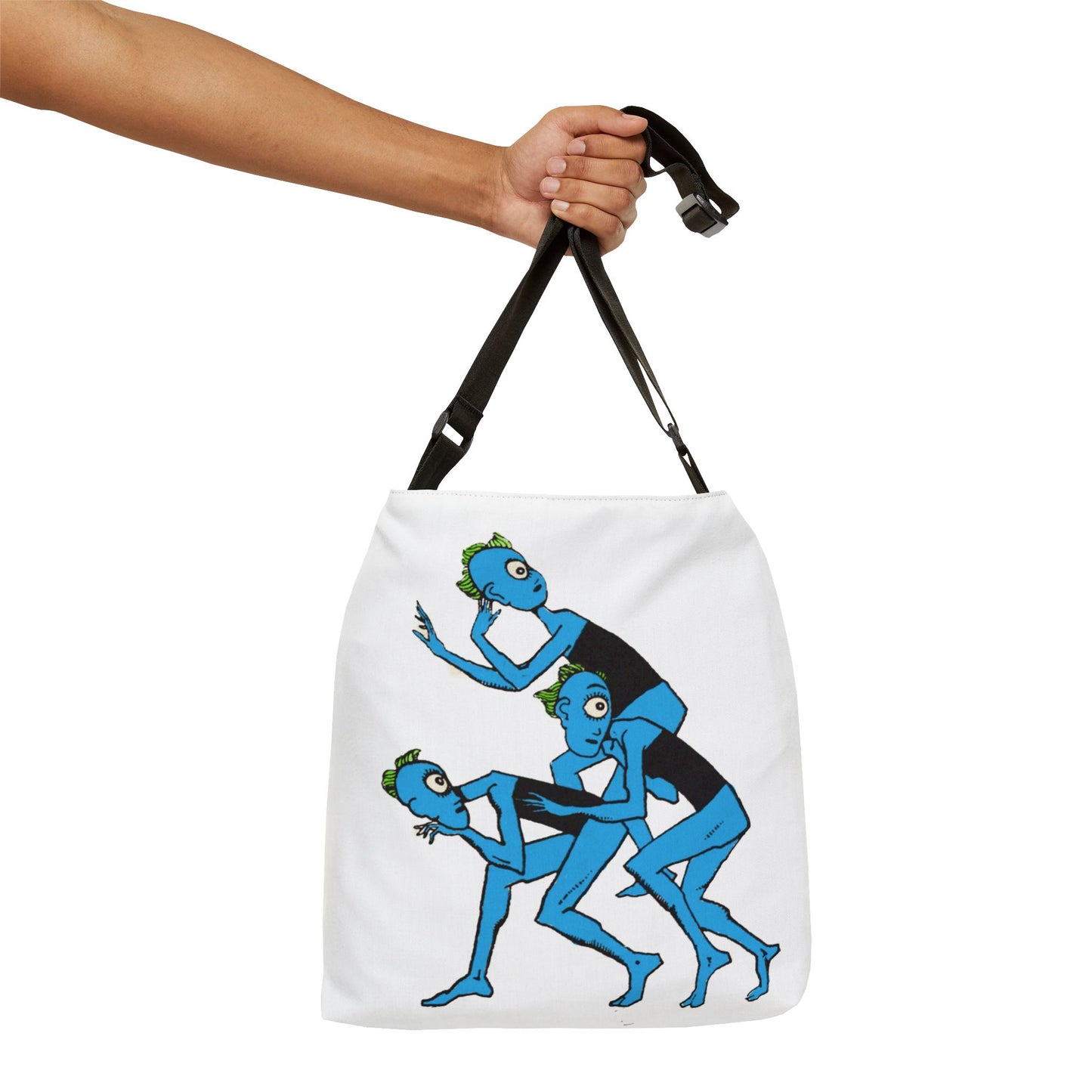 Blue Alien Dance Tote Bag — Quirky Sci‑Fi Illustration Adjustable Shoulder Tote