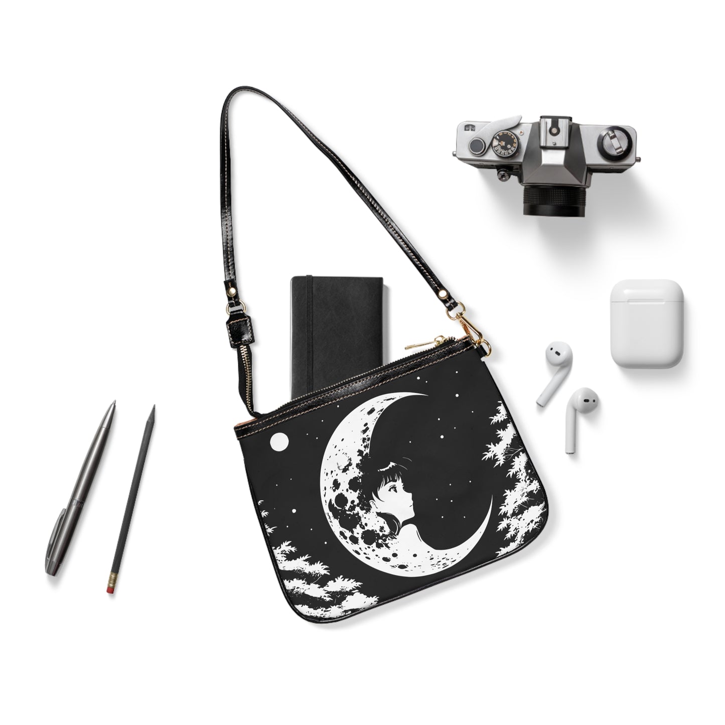 Moon Girl Small Shoulder Bag — Black Crescent Moon Anime Crossbody