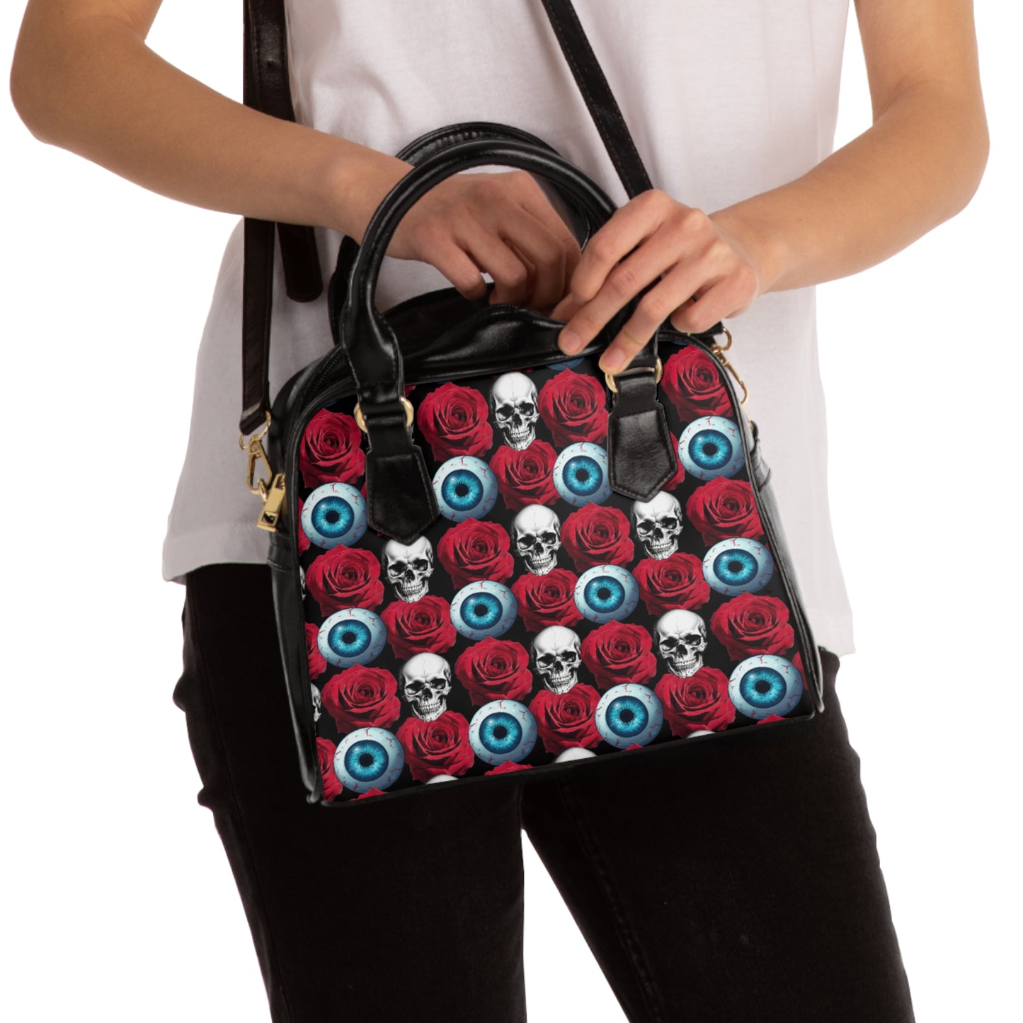 Skull, Rose & Eyeball Shoulder Handbag — Gothic Day of the Dead Tote