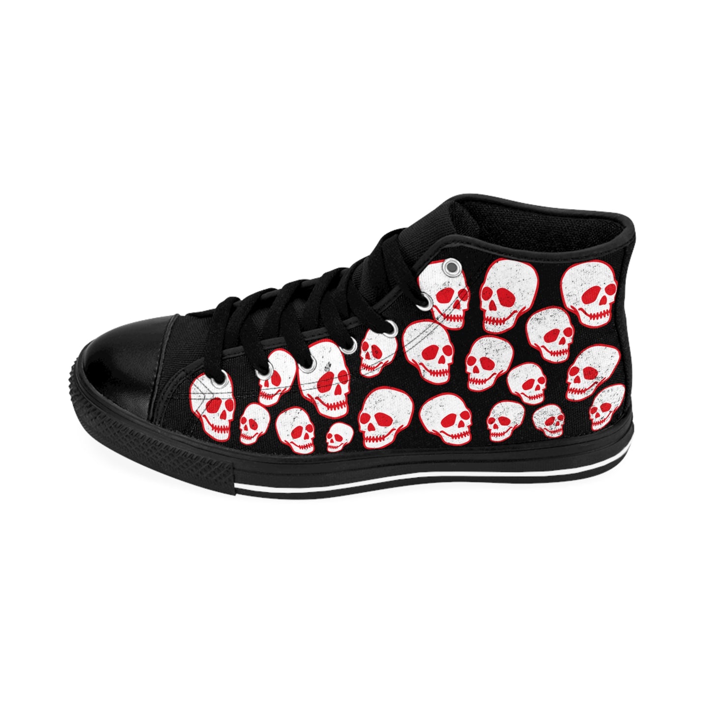 Skull Pattern Women's High-Top Sneakers — Gothic Black Canvas Shoes