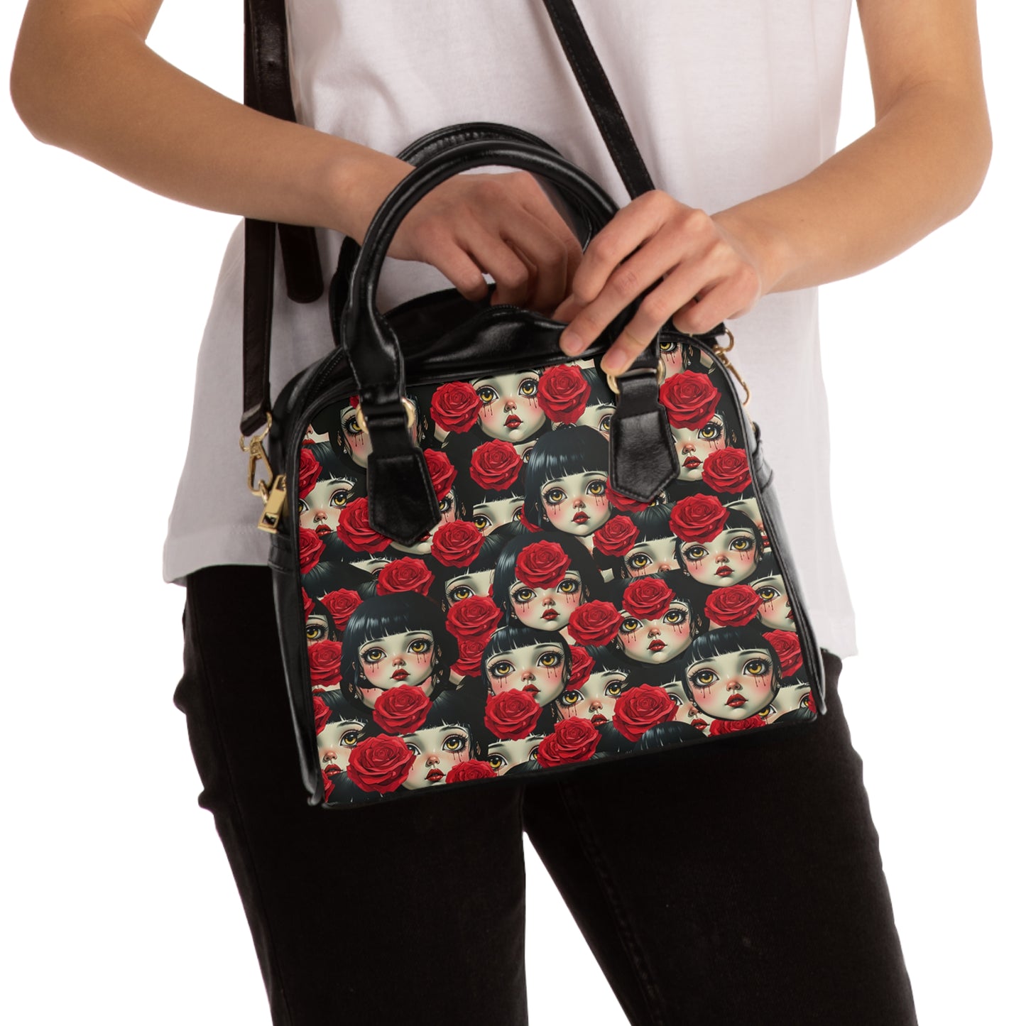Rose Doll Face Shoulder Handbag — Gothic Vintage Floral Pattern Tote