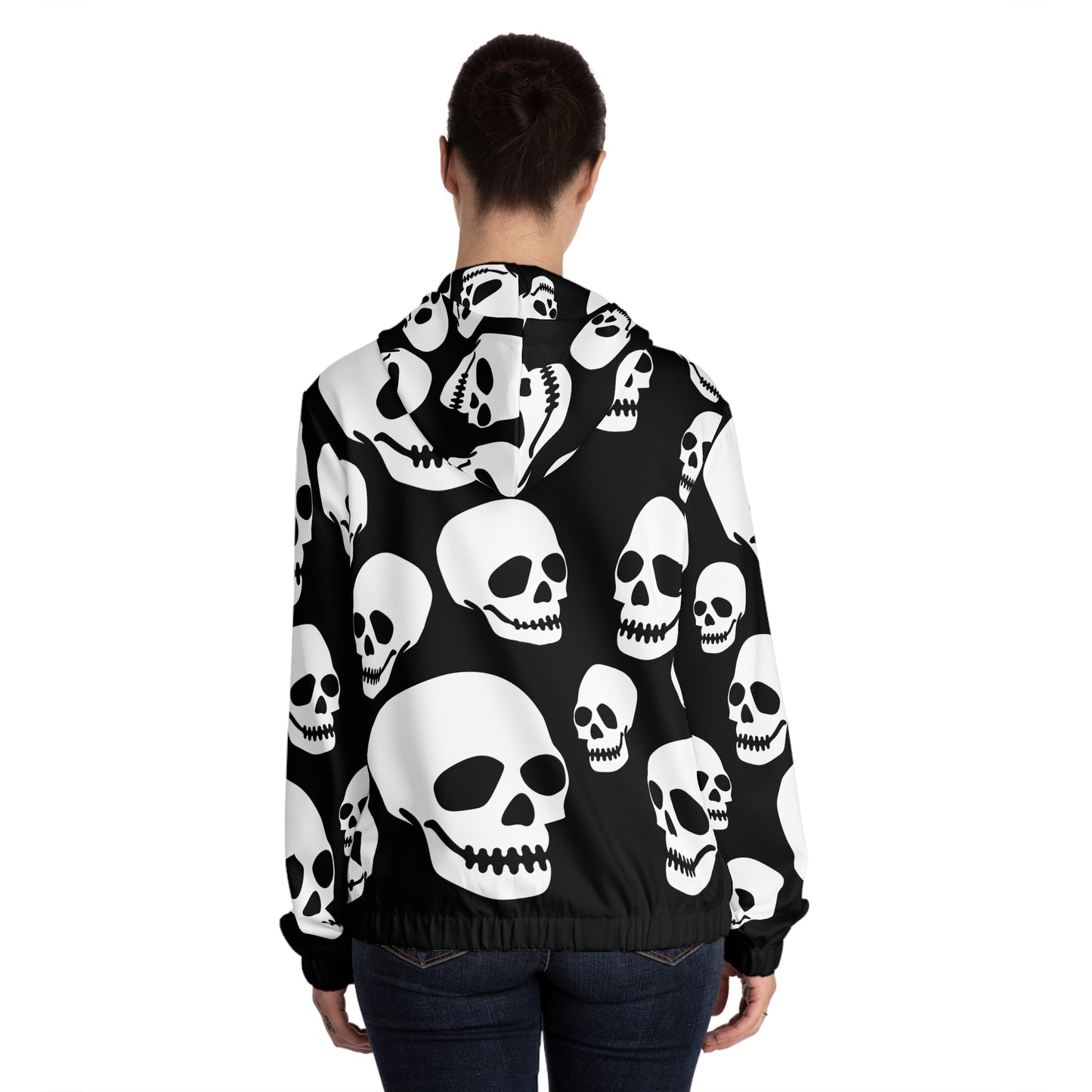 Skull Pattern Women's Zip Hoodie – Black & White Gothic All-Over Print