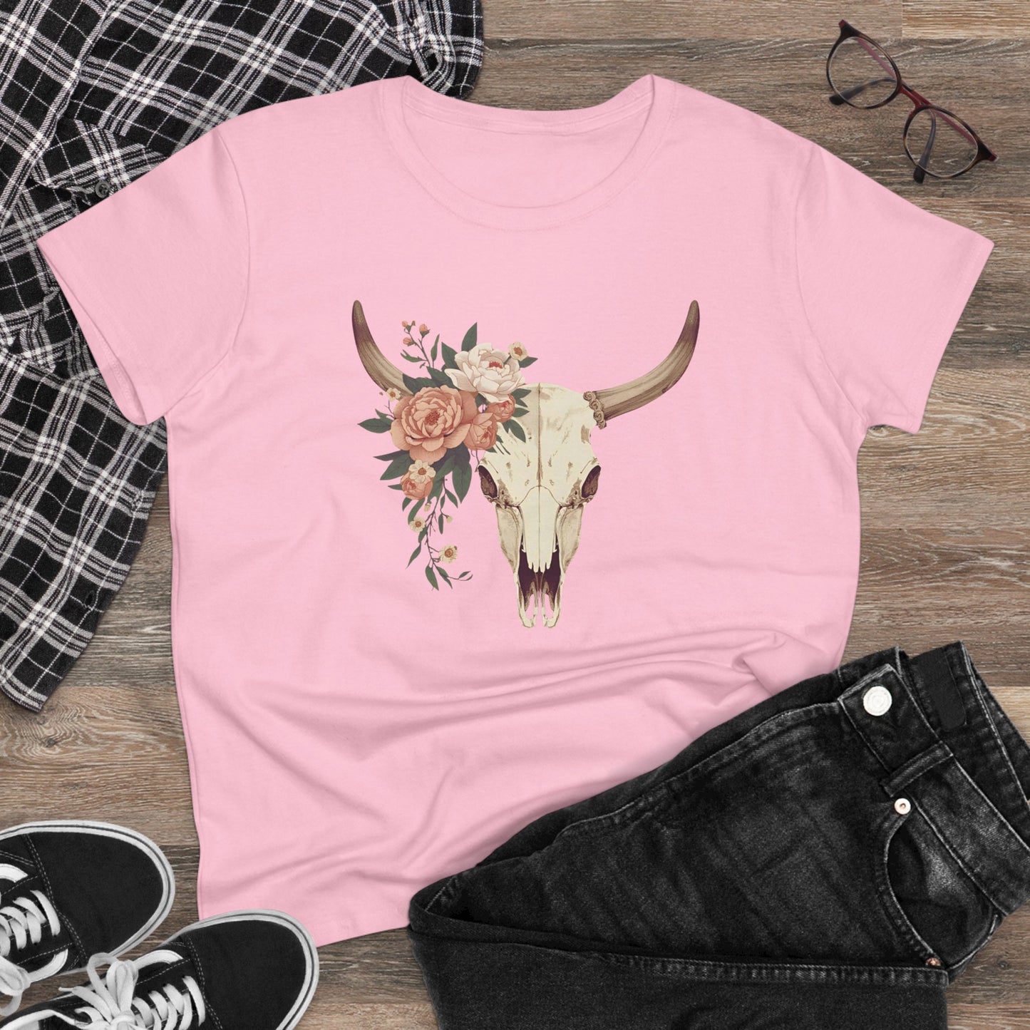 Women's Floral Cow Skull Tee — Boho Southwestern Graphic T-Shirt