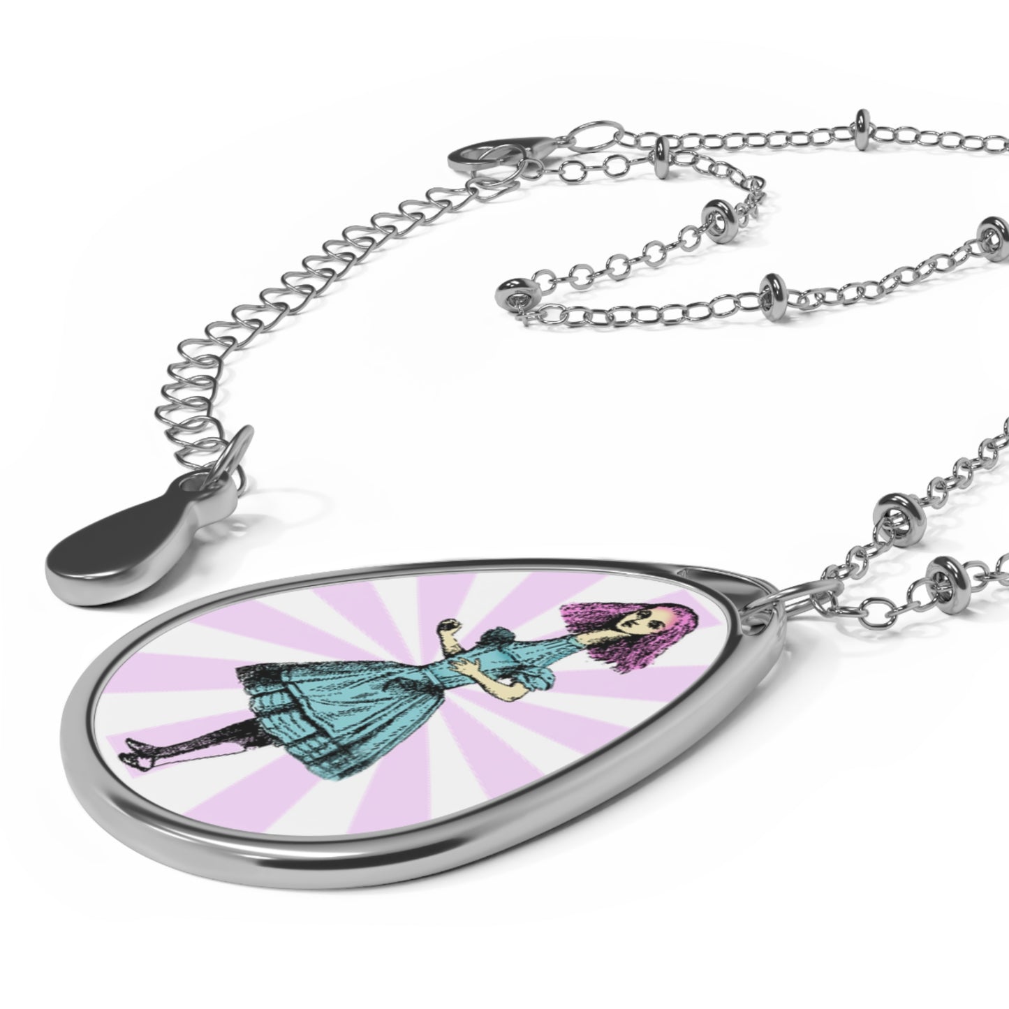 Alice-Inspired Oval Pendant Necklace — Vintage Girl Portrait Teardrop Locket