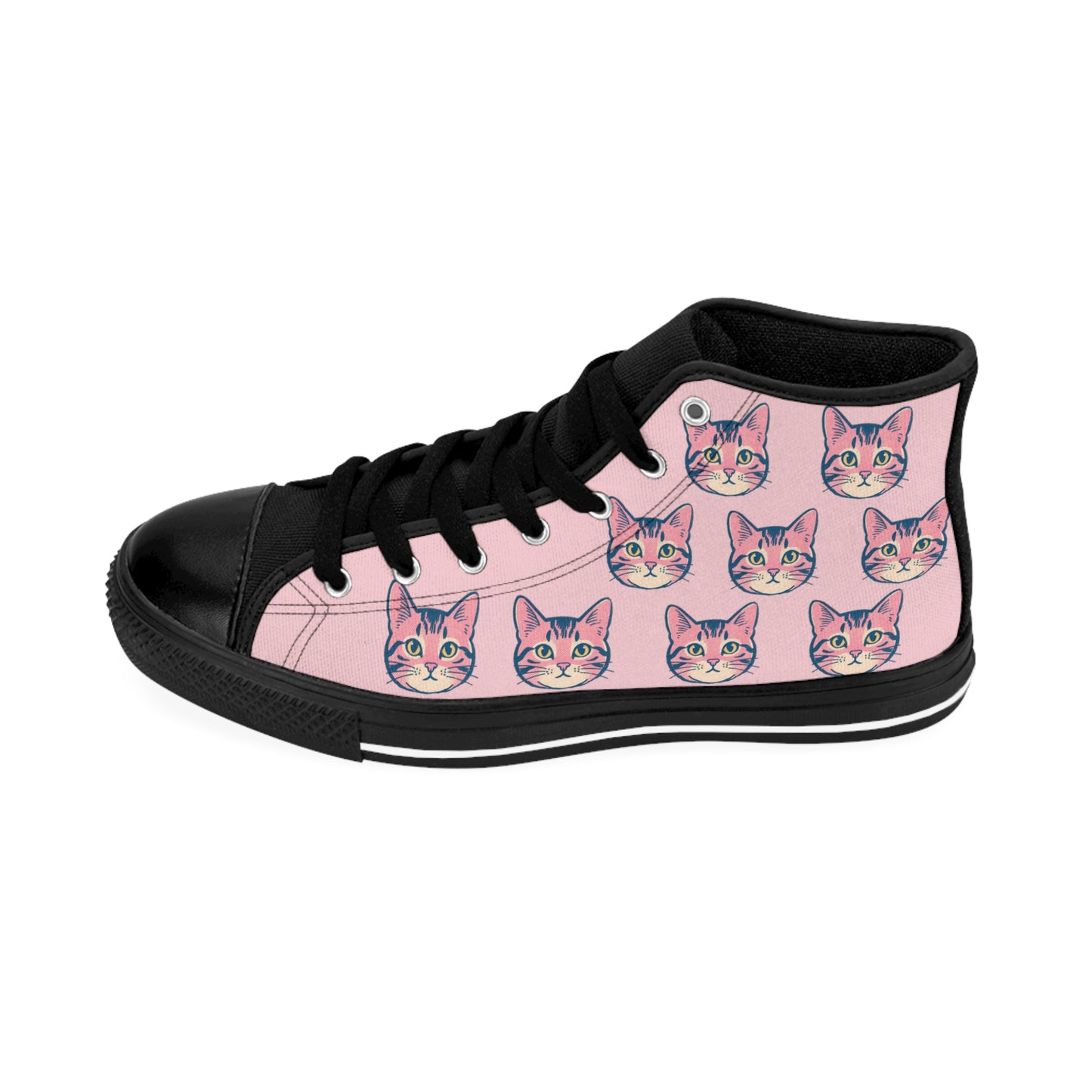 Cat Face Pattern High-Top Sneakers — Pink Women’s Casual Kittens Design