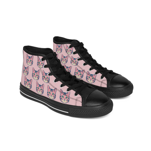 Cat Face Pattern High-Top Sneakers — Pink Women’s Casual Kittens Design