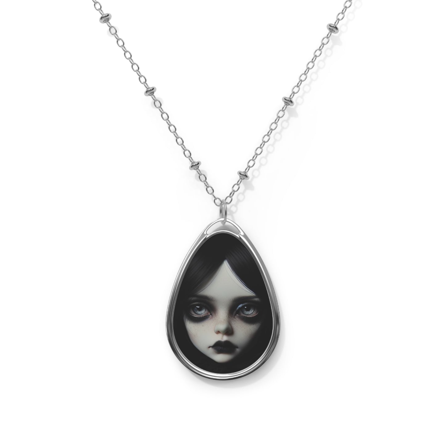 Gothic Oval Portrait Necklace — Dark Doll Face Teardrop Pendant