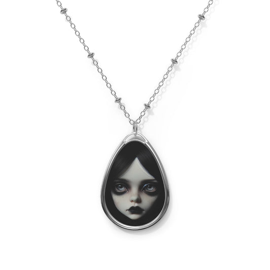Gothic Oval Portrait Necklace — Dark Doll Face Teardrop Pendant