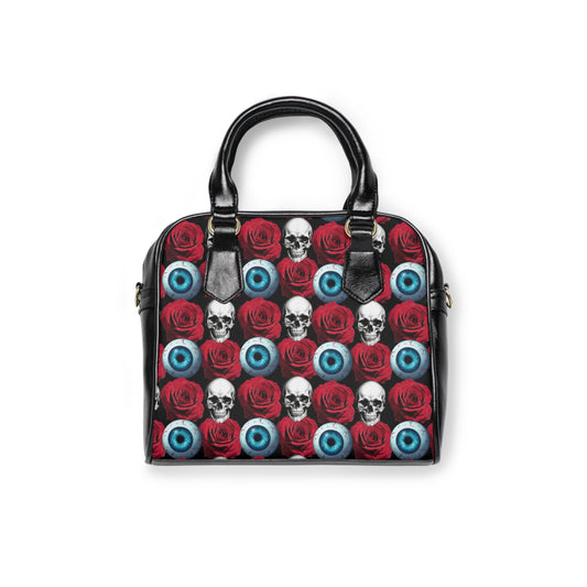 Skull, Rose & Eyeball Shoulder Handbag — Gothic Day of the Dead Tote