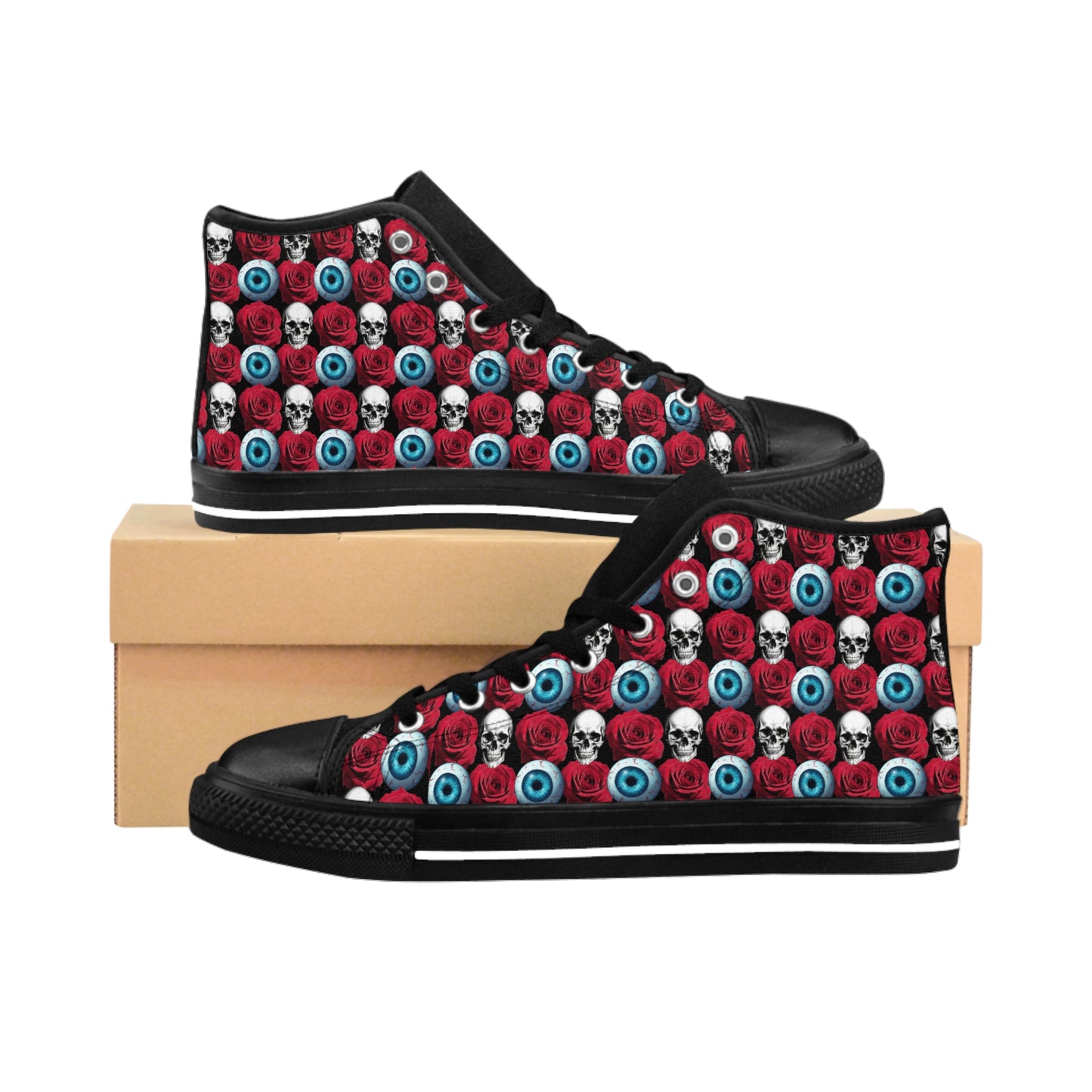 Skull & Eyeball Pattern High-Top Sneakers — Gothic Halloween Women's Shoes