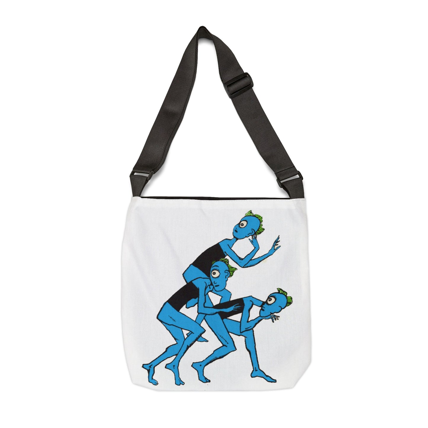 Blue Alien Dance Tote Bag — Quirky Sci‑Fi Illustration Adjustable Shoulder Tote