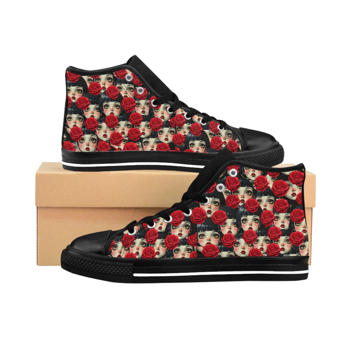 Women's High-Top Sneakers — Vintage Rose Face Pattern