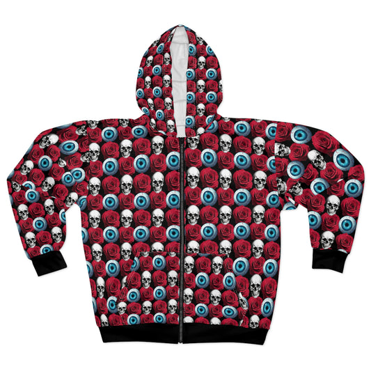 Skull & Eyeball All-Over Print Zip Hoodie — Gothic Horror Pattern