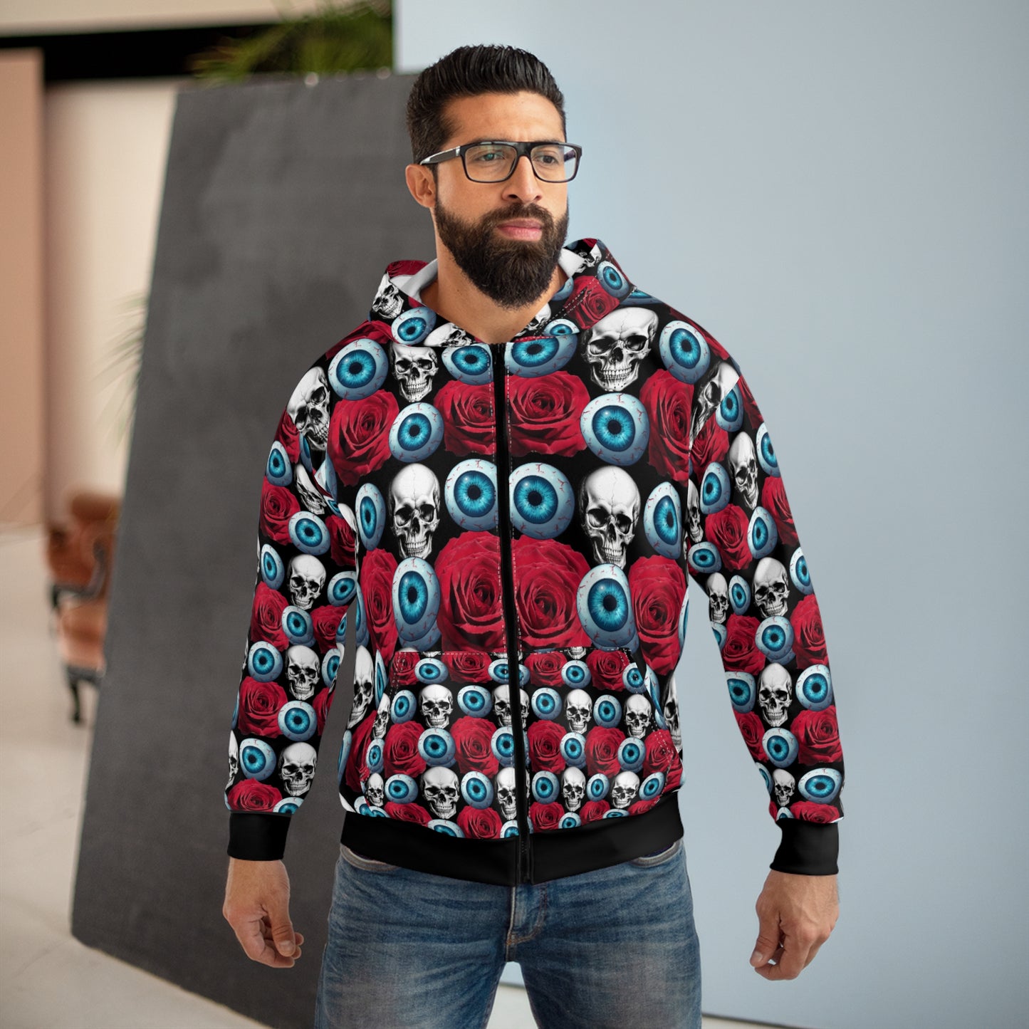 Skull, Rose & Eyeball All-Over Print Zip Hoodie — Gothic Horror Streetwear