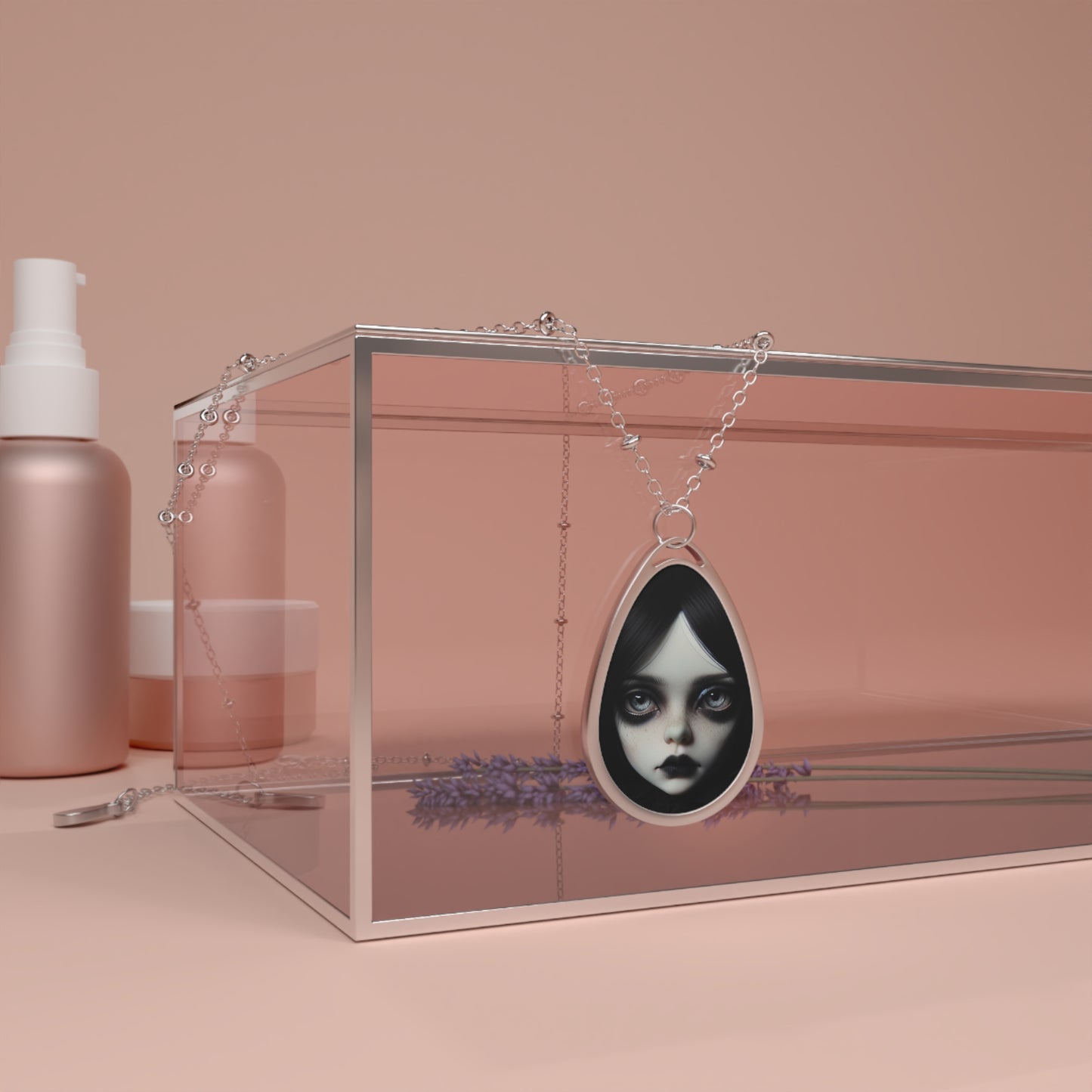 Gothic Oval Portrait Necklace — Dark Doll Face Teardrop Pendant