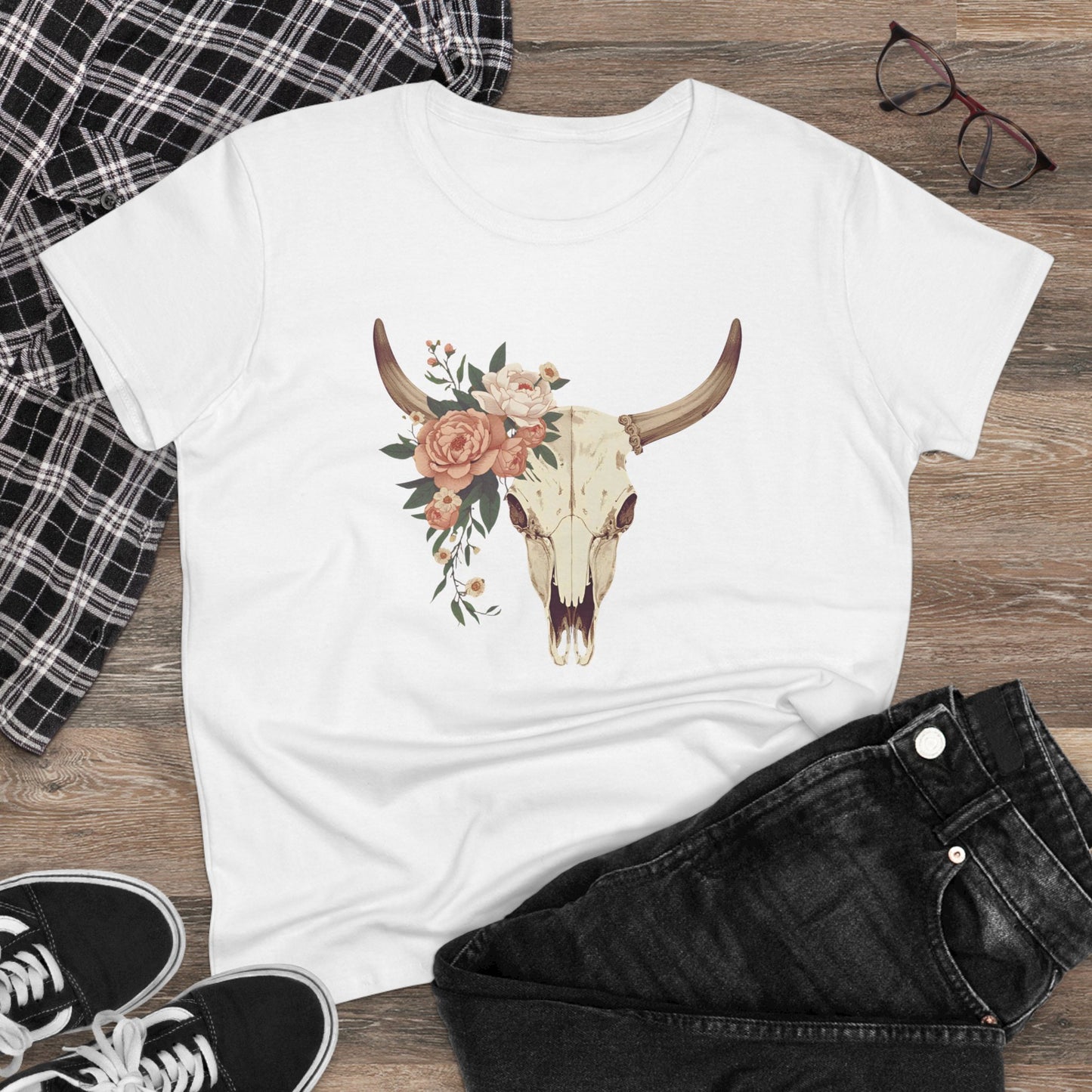 Women's Floral Cow Skull Tee — Boho Southwestern Graphic T-Shirt