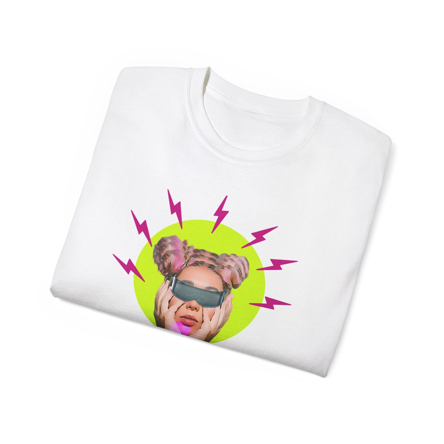 Retro Neon Shock Graphic Tee — Pop Art Woman with Sunglasses