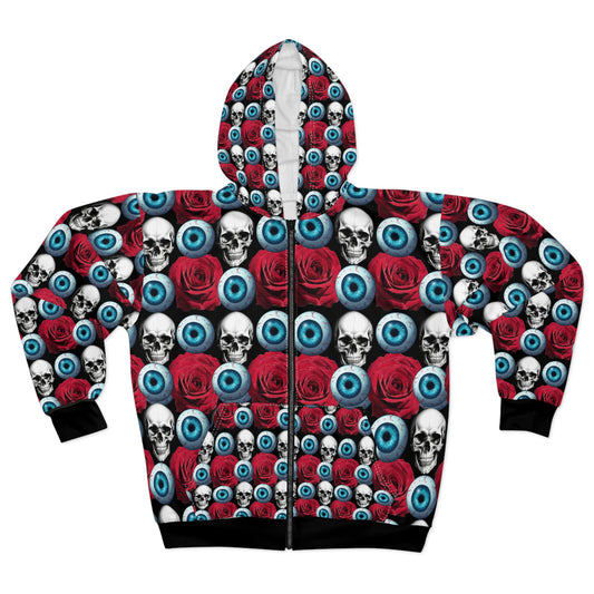 Skull, Rose & Eyeball All-Over Print Zip Hoodie — Gothic Horror Streetwear