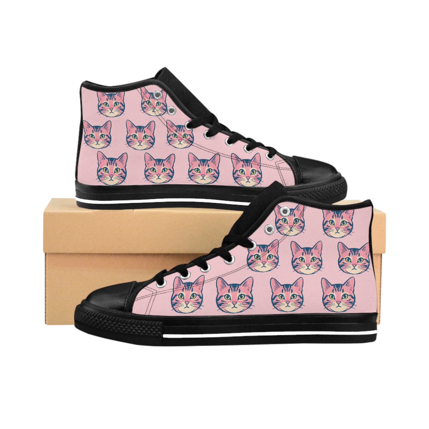 Cat Face Pattern High-Top Sneakers — Pink Women’s Casual Kittens Design