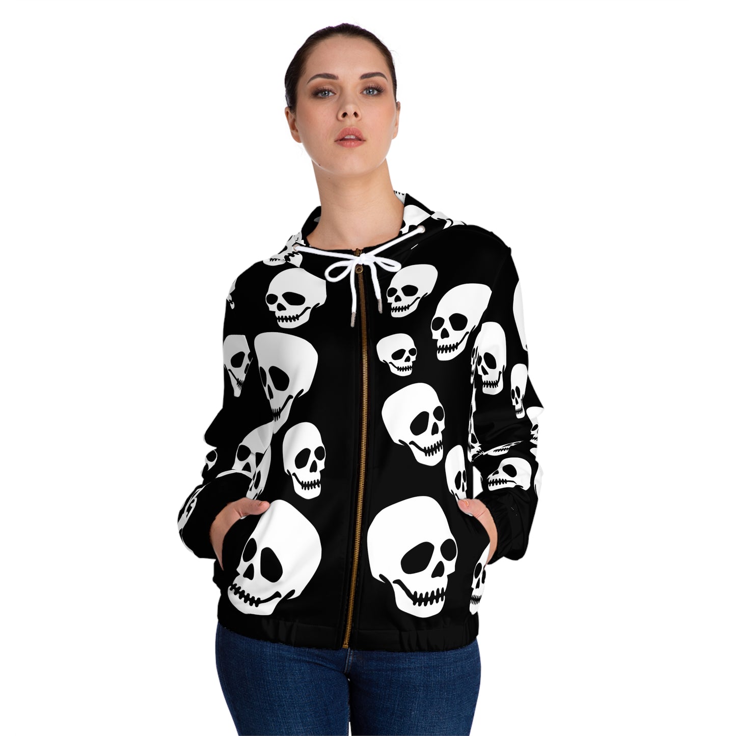 Skull Pattern Women's Zip Hoodie – Black & White Gothic All-Over Print