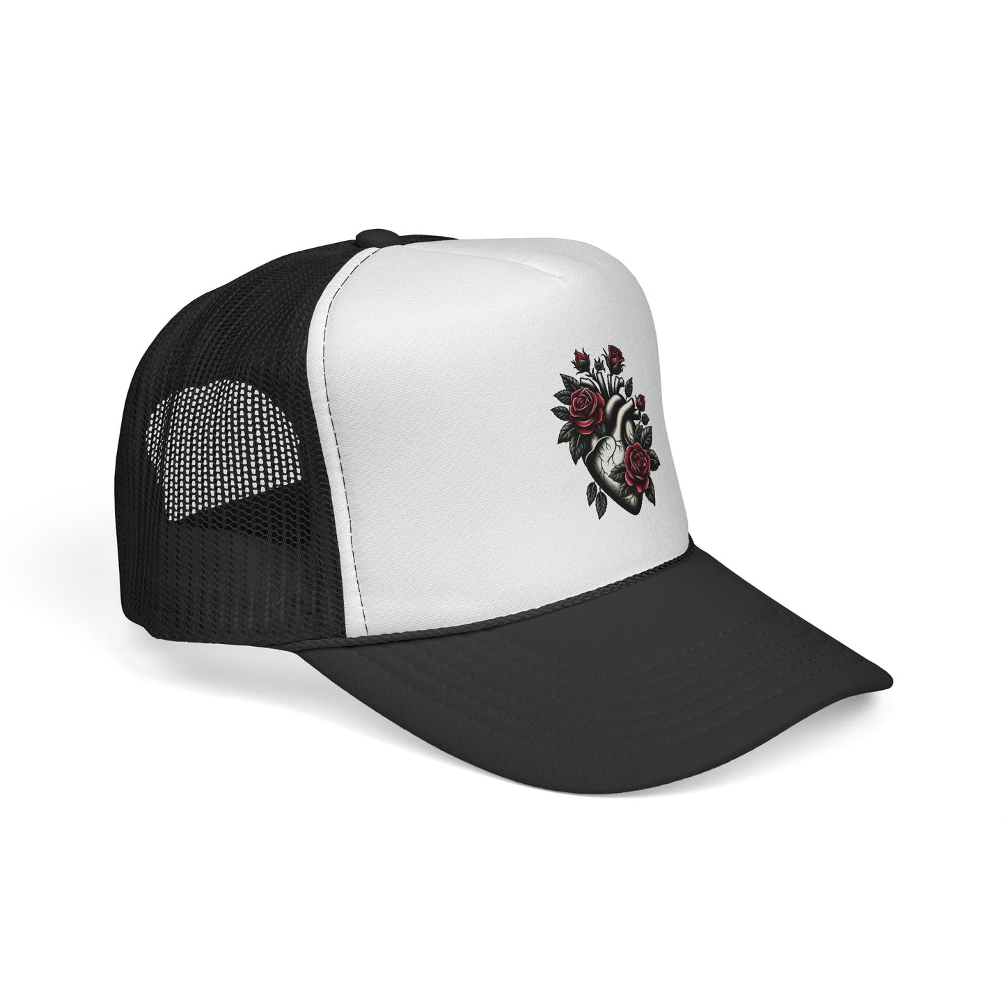 Rose Heart Trucker Cap — Vintage Floral Heart Patch Hat