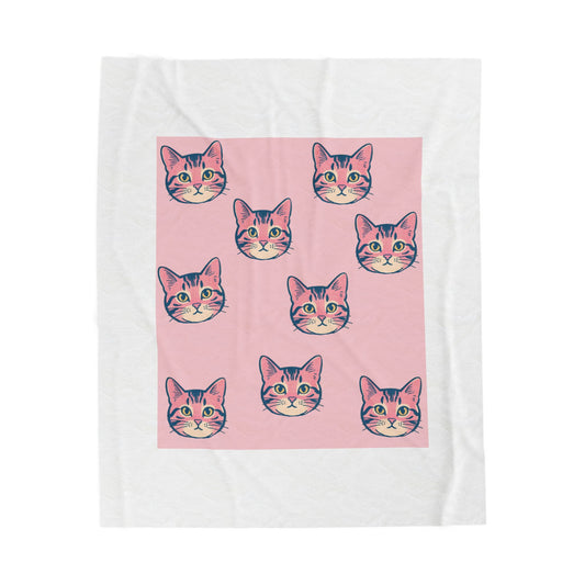Pink Pop Art Cat Velveteen Plush Blanket — Cute Retro Kitty Throw
