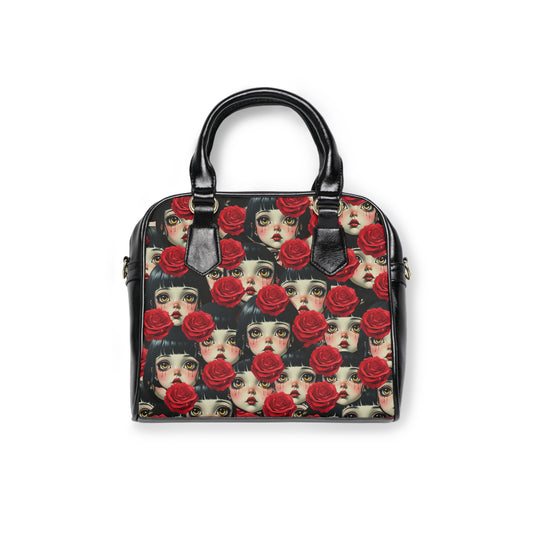 Rose Doll Face Shoulder Handbag — Gothic Vintage Floral Pattern Tote