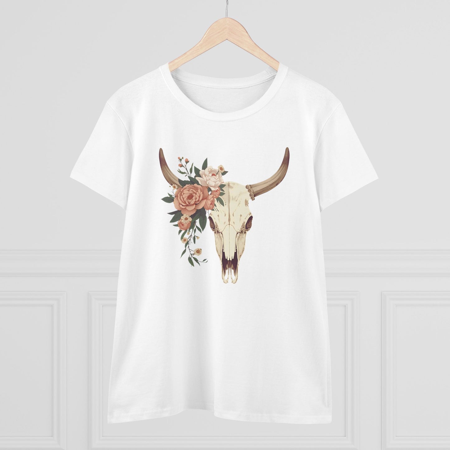 Women's Floral Cow Skull Tee — Boho Southwestern Graphic T-Shirt