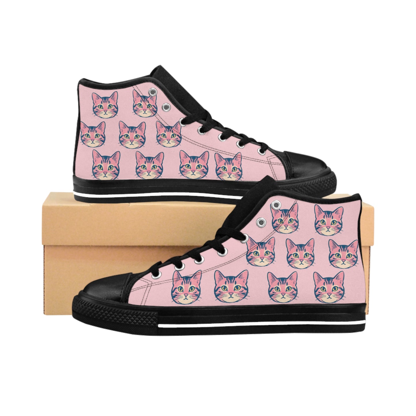 Cat Face Pattern High-Top Sneakers — Pink Women’s Casual Kittens Design