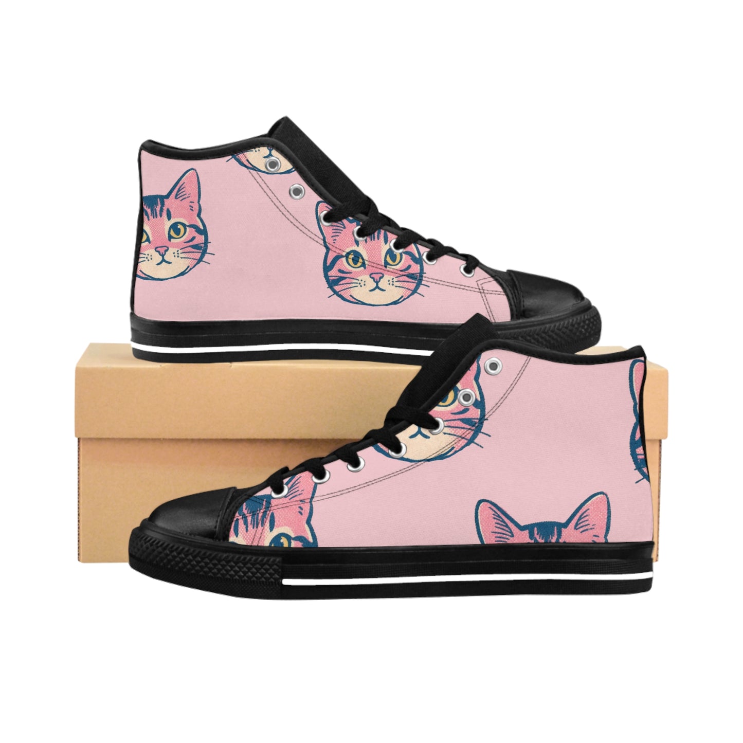 Cat Face Pink High-Top Sneakers — Women's Cute Casual Kawaii Shoes