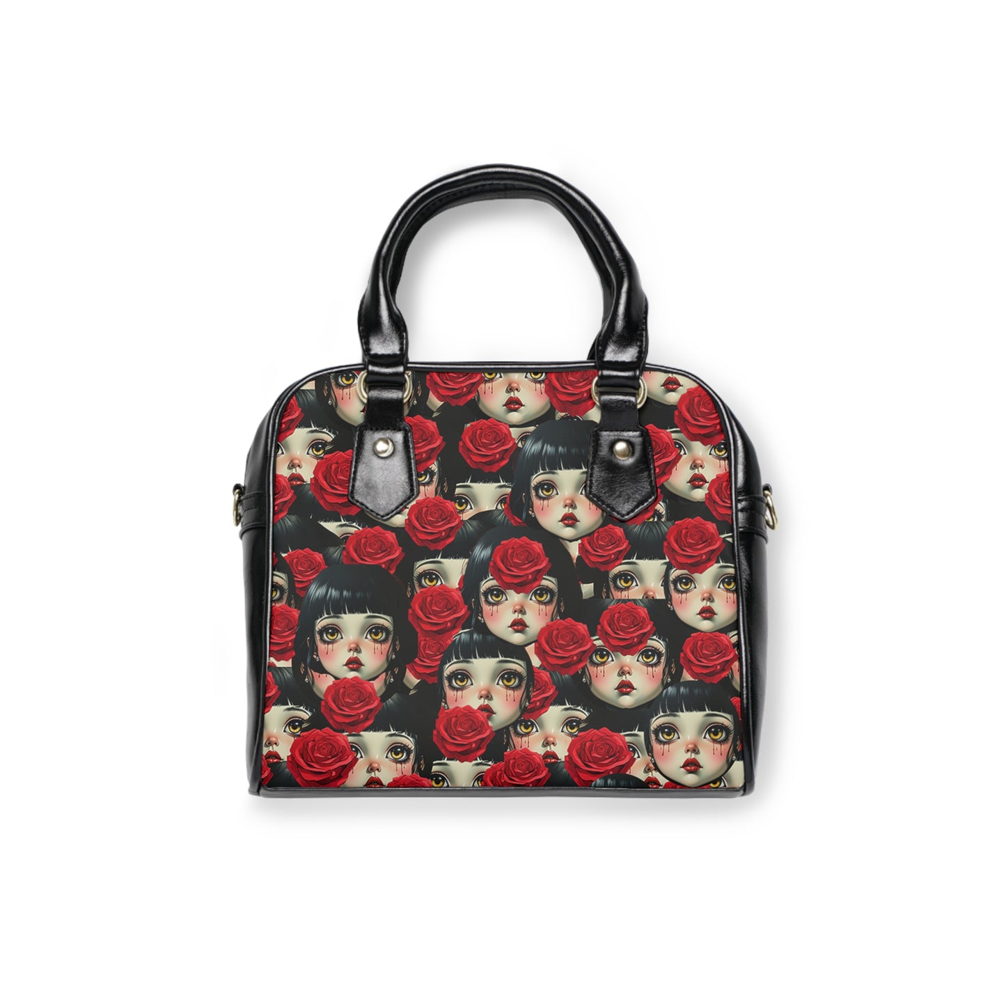 Rose Doll Face Shoulder Handbag — Gothic Vintage Floral Pattern Tote