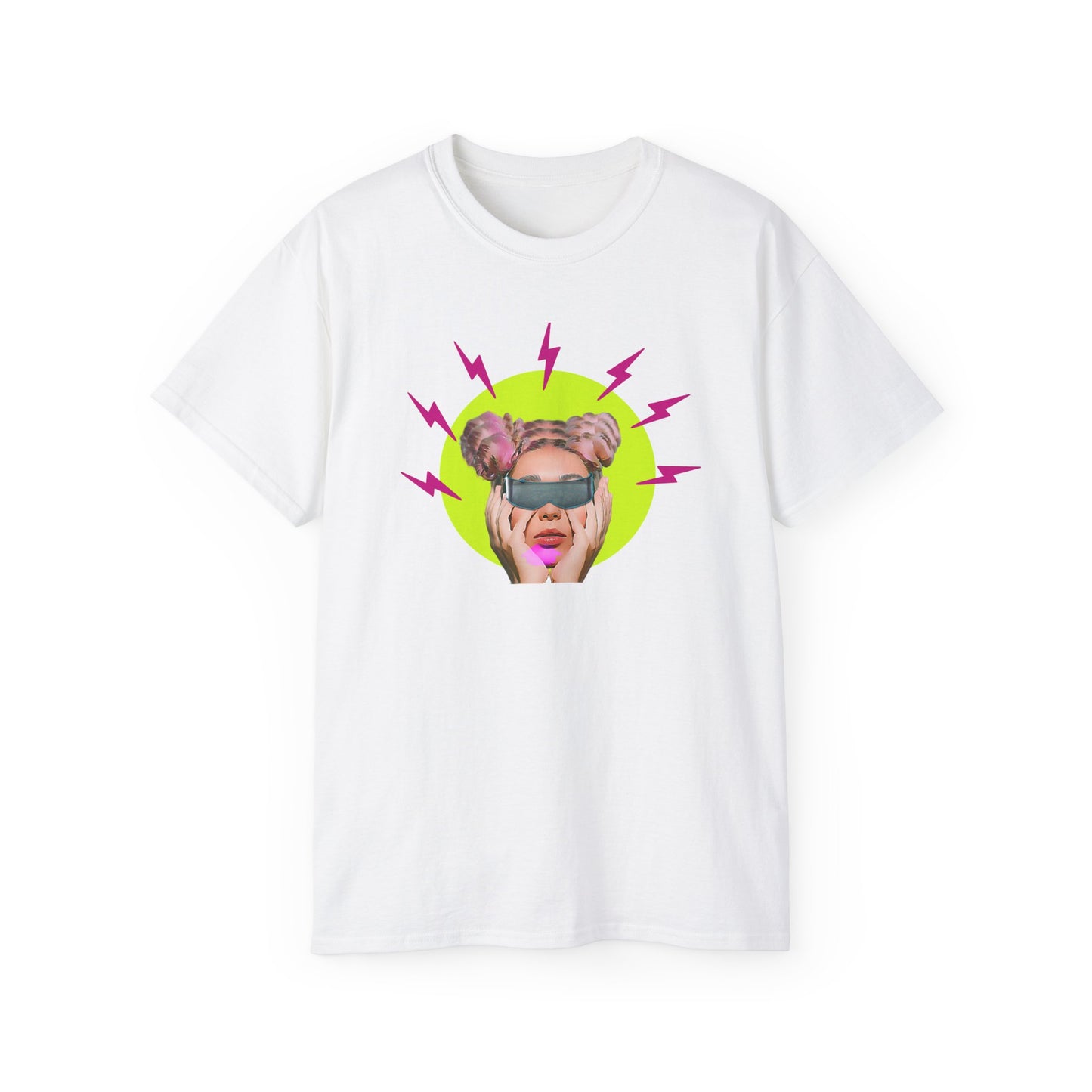Retro Neon Shock Graphic Tee — Pop Art Woman with Sunglasses