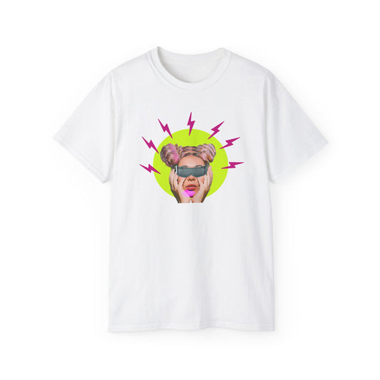 Retro Neon Shock Graphic Tee — Pop Art Woman with Sunglasses