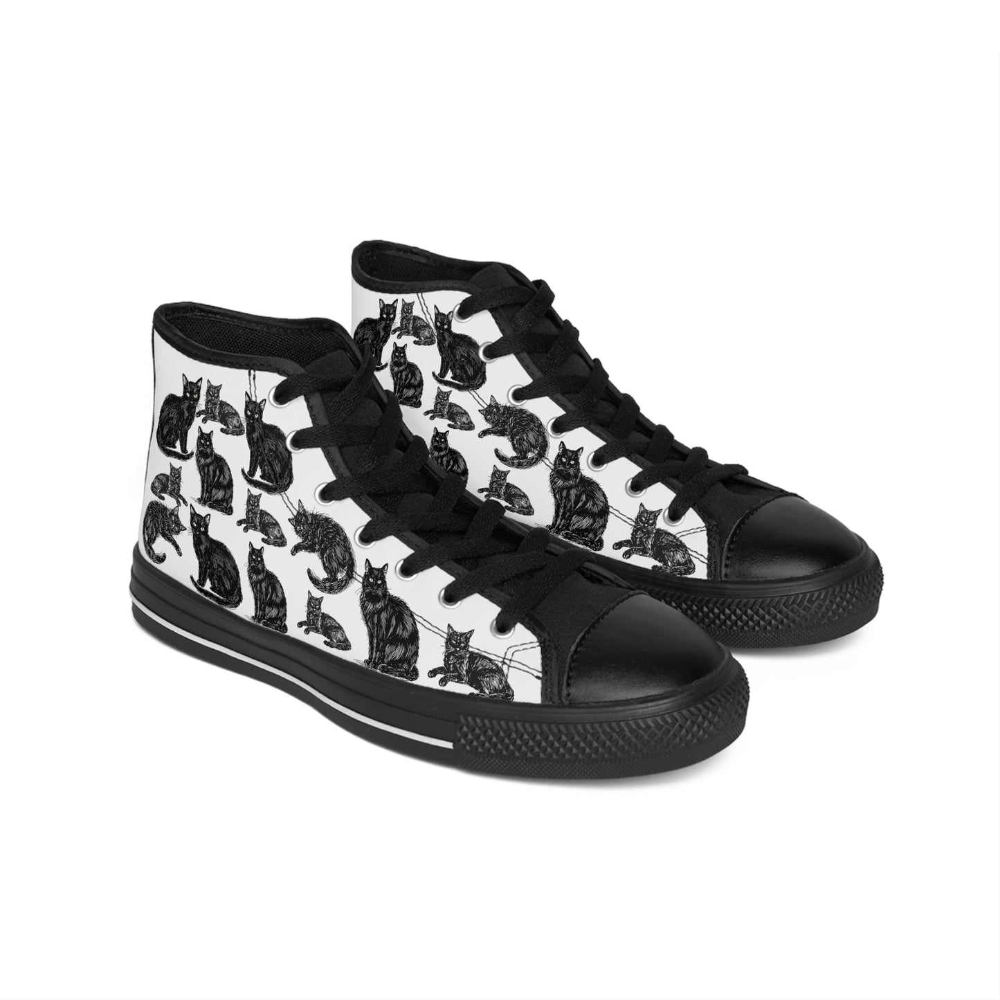 Black Cat Pattern Women's Classic Sneakers — Cute Cat Print High-Top Shoes for Cat Lovers
