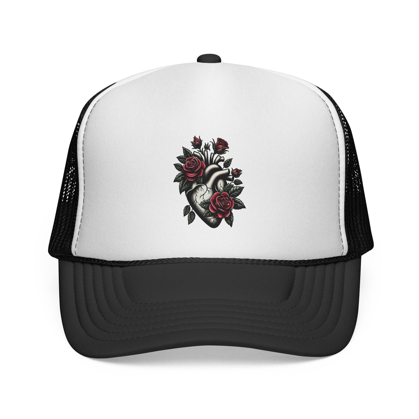 Rose Heart Trucker Cap — Vintage Floral Heart Patch Hat