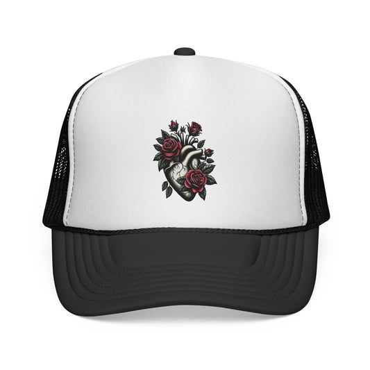 Rose Heart Trucker Cap — Vintage Floral Heart Patch Hat