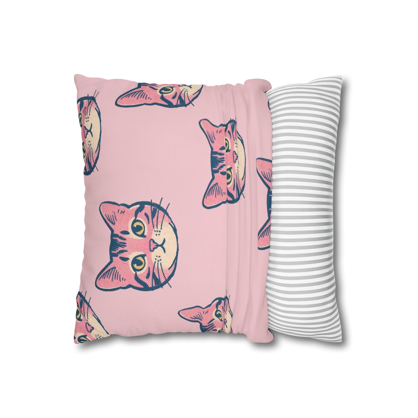Pink Retro Cat Face Throw Pillowcase — Cute Kitten Decorative Cushion Cover