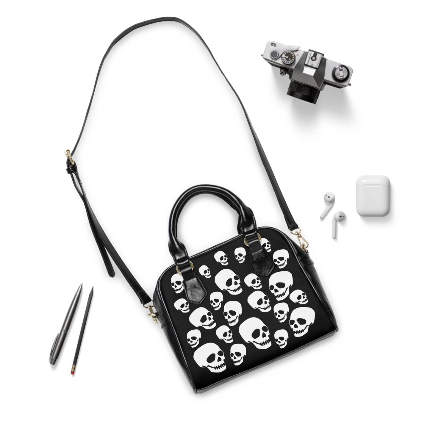 Skull Pattern Shoulder Handbag — Gothic Black & White Day Bag