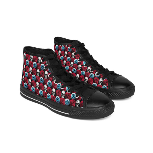 Skull & Eyeball Pattern High-Top Sneakers — Gothic Halloween Women's Shoes