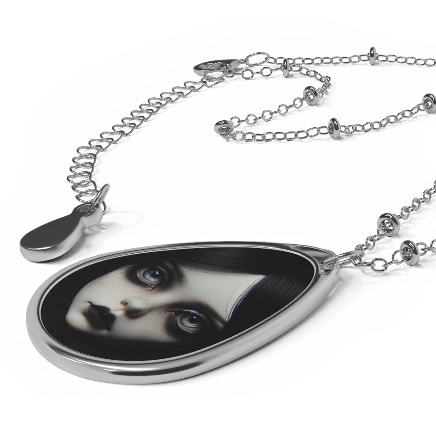 Gothic Oval Portrait Necklace — Dark Doll Face Teardrop Pendant