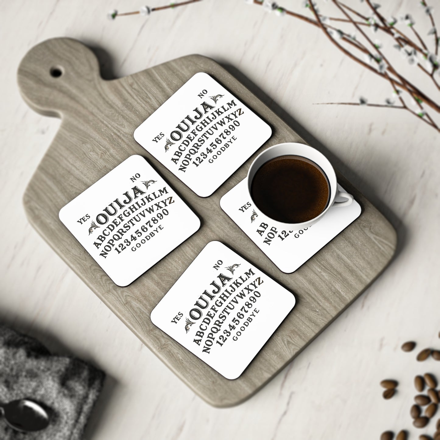 Ouija Board Cork Coaster Set — Gothic Halloween Drink Coasters