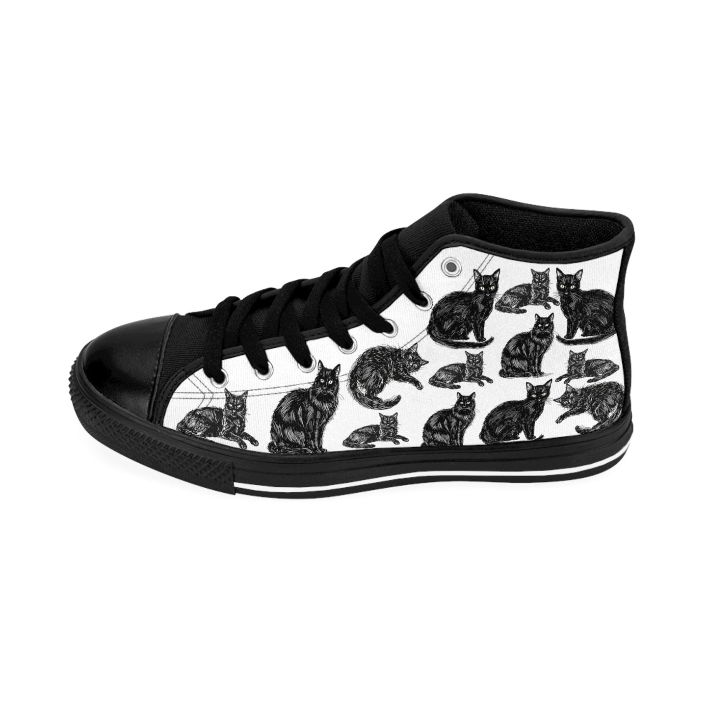 Black Cat Pattern Women's Classic Sneakers — Cute Cat Print High-Top Shoes for Cat Lovers