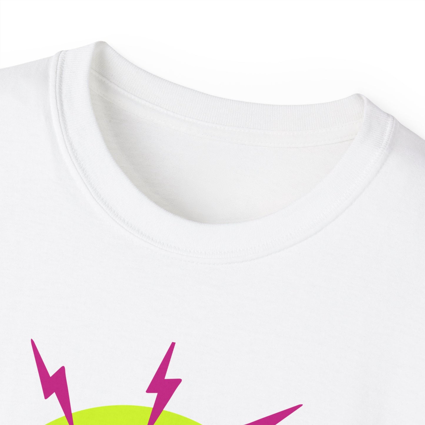 Retro Neon Shock Graphic Tee — Pop Art Woman with Sunglasses