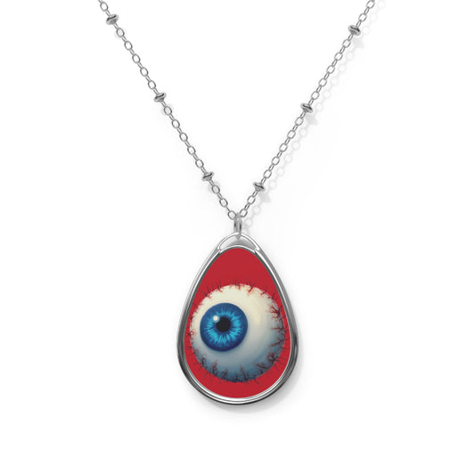 Evil Eye Teardrop Necklace — Blue Eye Oval Pendant on Red Background