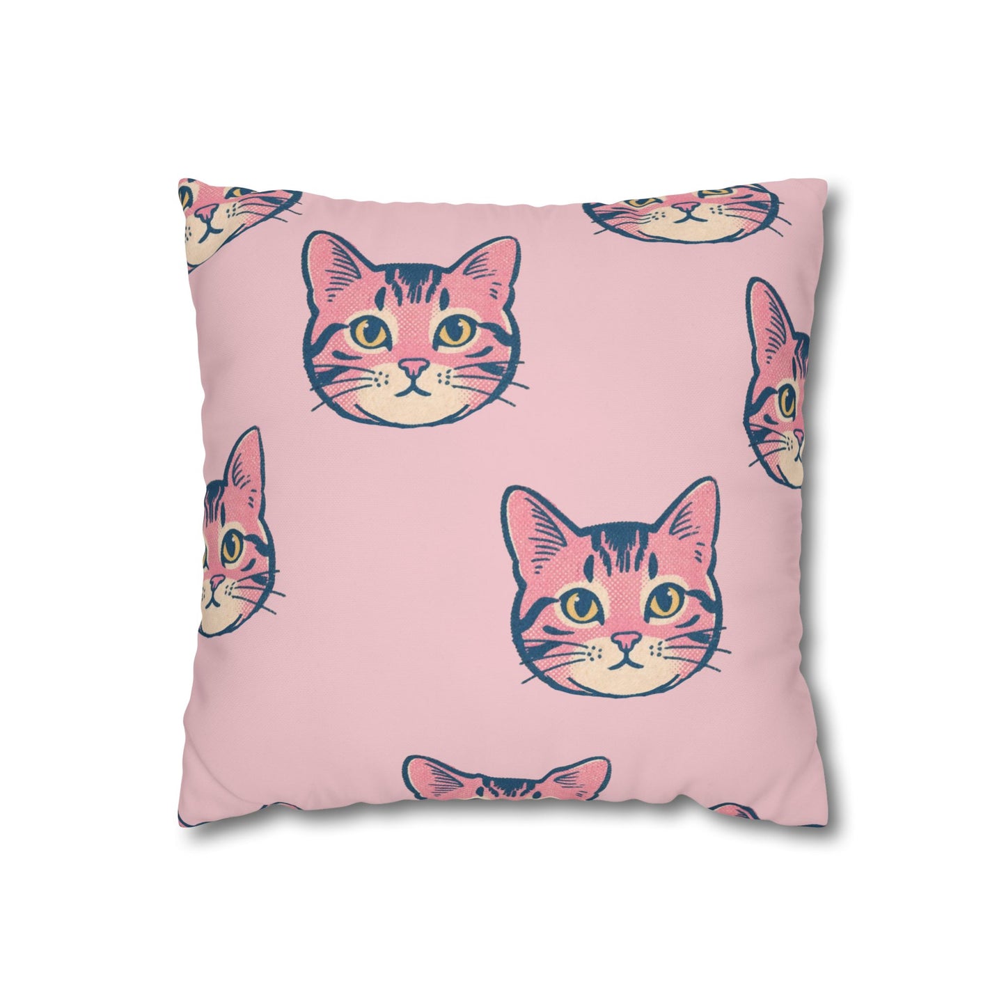 Pink Retro Cat Face Throw Pillowcase — Cute Kitten Decorative Cushion Cover