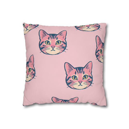 Pink Retro Cat Face Throw Pillowcase — Cute Kitten Decorative Cushion Cover