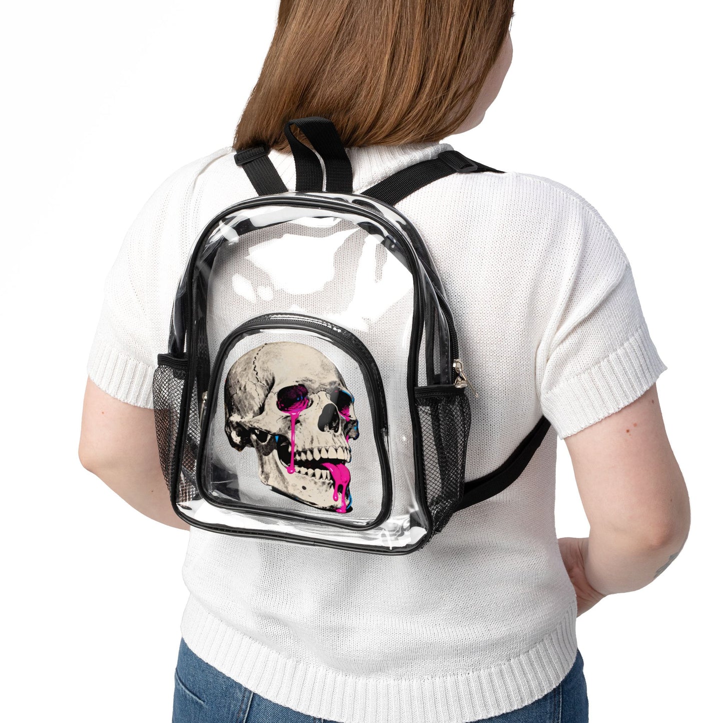 Clear Stadium Backpack — Skull Graphic Clear Security Backpack with Pink Accent