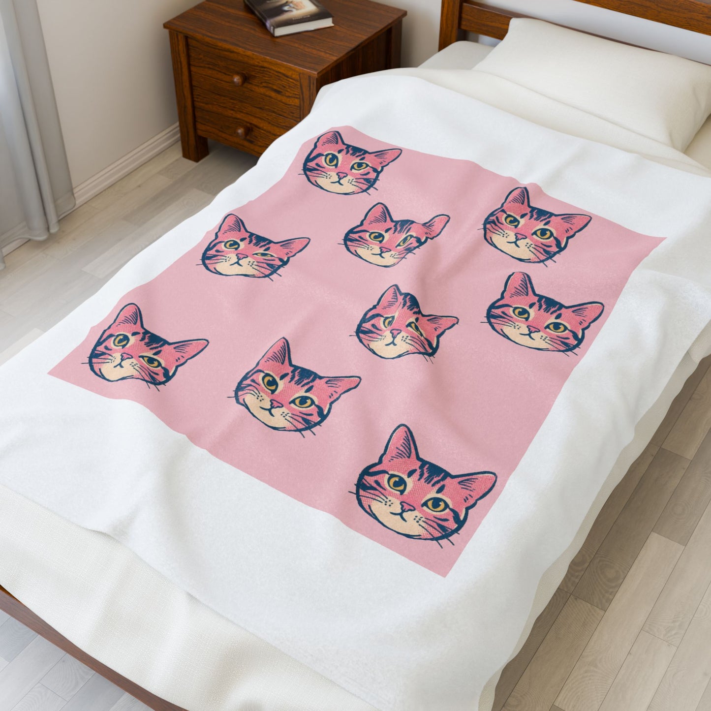 Pink Pop Art Cat Velveteen Plush Blanket — Cute Retro Kitty Throw