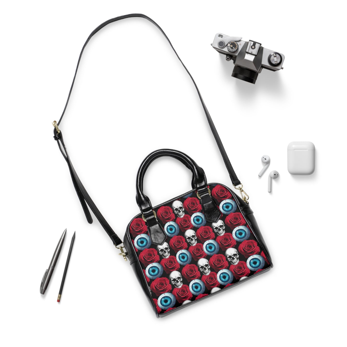 Skull, Rose & Eyeball Shoulder Handbag — Gothic Day of the Dead Tote