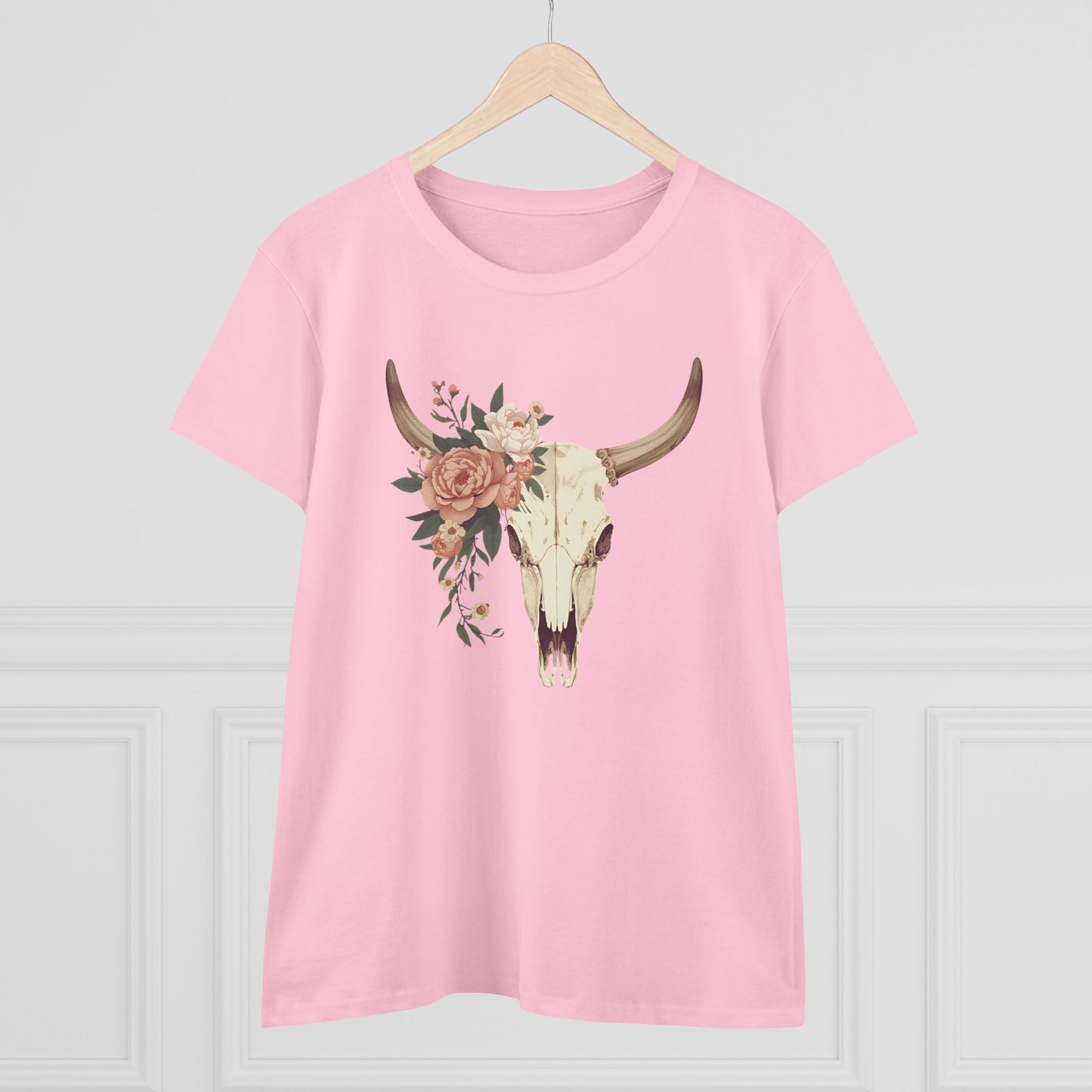 Women's Floral Cow Skull Tee — Boho Southwestern Graphic T-Shirt